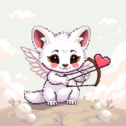 A pixel art scene featuring a white marten designed as Cupid, with delicate angelic wings and a playful expression