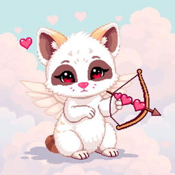 A pixel art scene featuring a white marten designed as Cupid, with delicate angelic wings and a playful expression