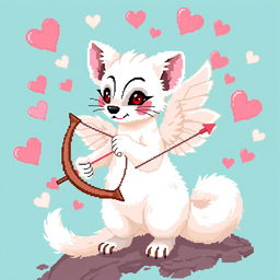 A pixel art depiction of a white marten portrayed as Cupid, featuring a long curvature in its design