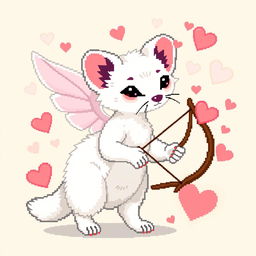 A pixel art depiction of a white marten portrayed as Cupid, featuring a long curvature in its design
