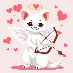A pixel art depiction of a white marten portrayed as Cupid, featuring a long curvature in its design
