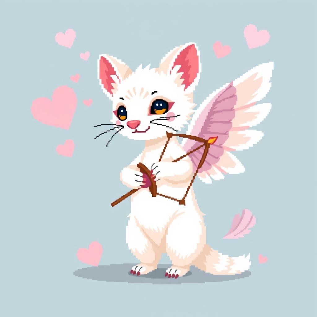 A pixel art depiction of a white marten portrayed as Cupid, featuring a long curvature in its design