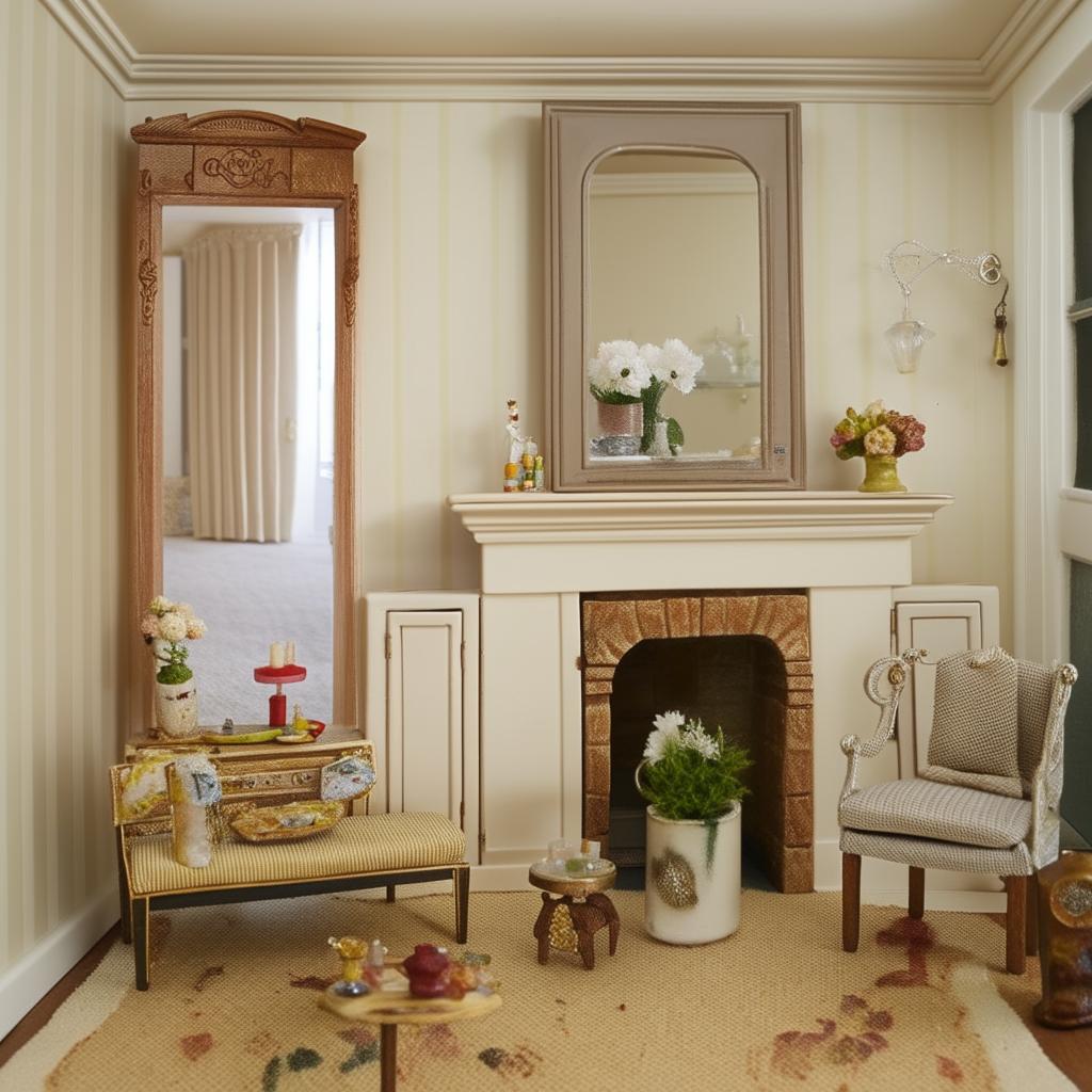 Design a miniature room fitted in an 11 by 18-inch space, with detailed, scaled-down furniture and decorations.