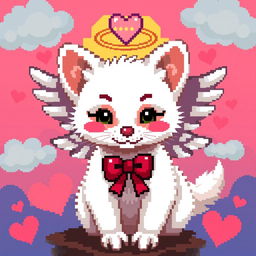 Pixel art of a white marten styled as Cupid, featuring angelic wings and a bow