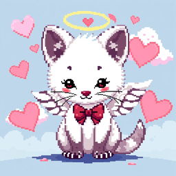 Pixel art of a white marten styled as Cupid, featuring angelic wings and a bow