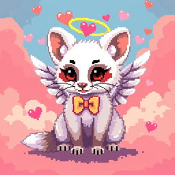 Pixel art of a white marten styled as Cupid, featuring angelic wings and a bow