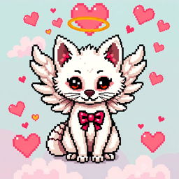 Pixel art of a white marten styled as Cupid, featuring angelic wings and a bow