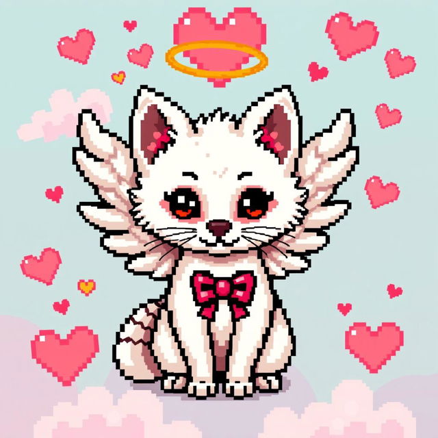 Pixel art of a white marten styled as Cupid, featuring angelic wings and a bow