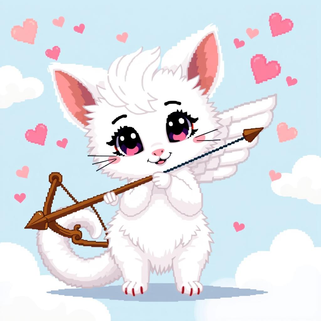 A pixel art depiction of a white ermine as a cupid