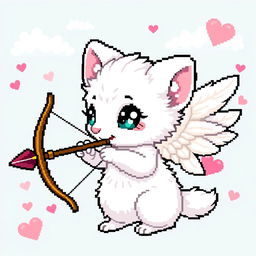 A pixel art depiction of a white ermine as a cupid