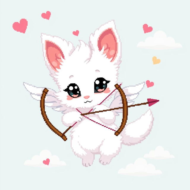 A pixel art depiction of a white ermine as a cupid