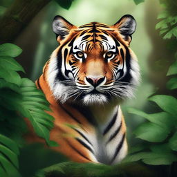 This digital art piece features a creature that combines the body of a tiger with the head of a lion