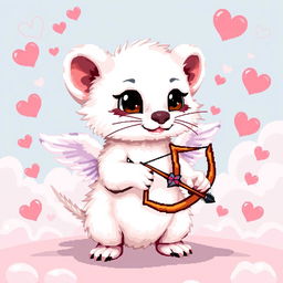 A charming pixel art depiction of a white weasel in a playful pose resembling Cupid