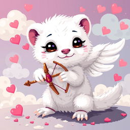 A charming pixel art depiction of a white weasel in a playful pose resembling Cupid