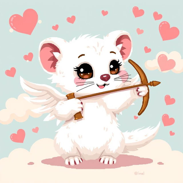 A charming pixel art depiction of a white weasel in a playful pose resembling Cupid