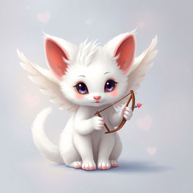 A realistic depiction of a white ermine as a cupid, with detailed pixel art style