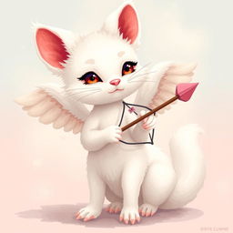 A realistic depiction of a white ermine as a cupid, with detailed pixel art style