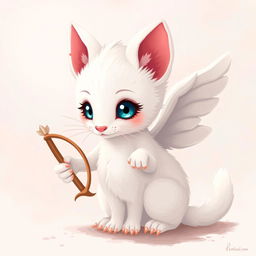 A realistic depiction of a white ermine as a cupid, with detailed pixel art style