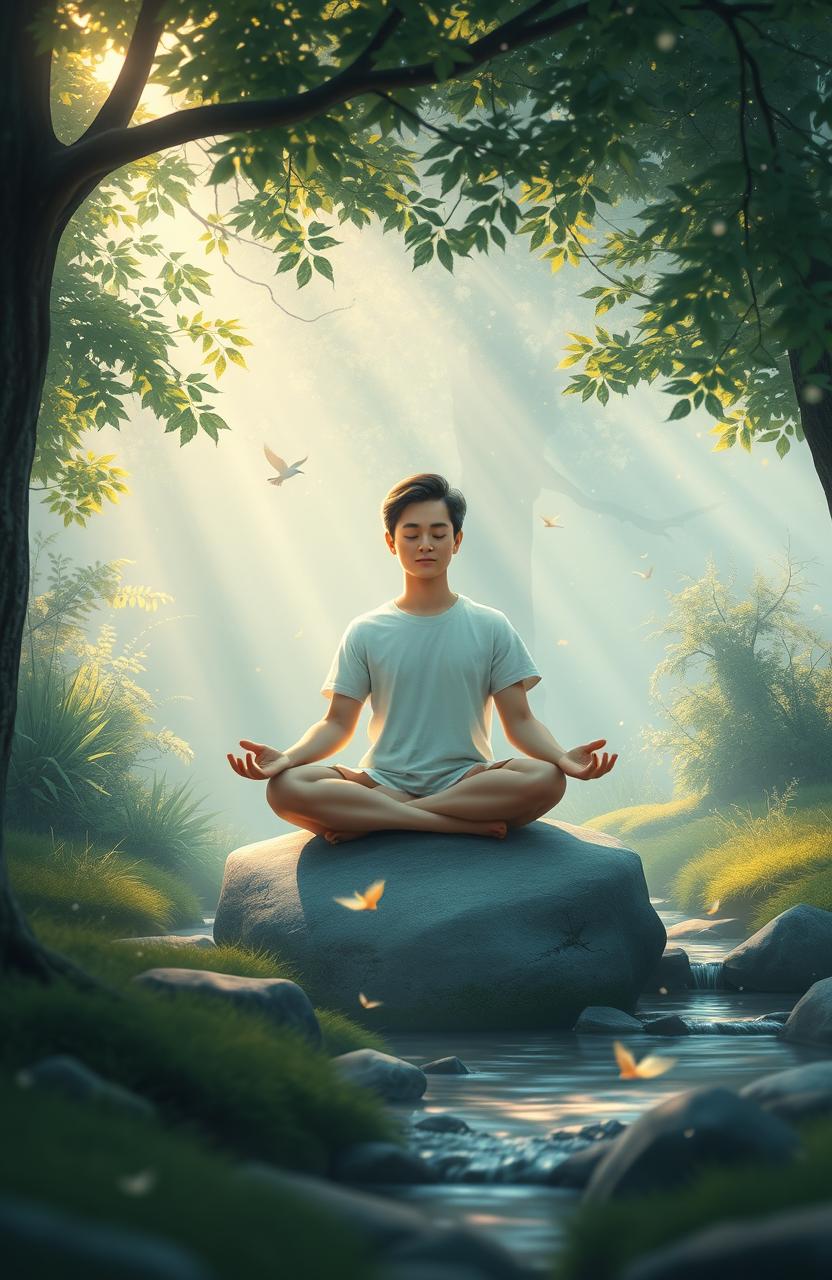 A serene scene depicting a person meditating in a tranquil forest setting, surrounded by lush greenery and soft sunlight filtering through the trees