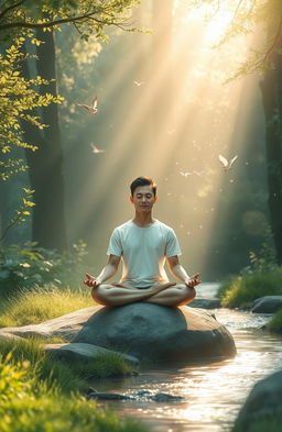 A serene scene depicting a person meditating in a tranquil forest setting, surrounded by lush greenery and soft sunlight filtering through the trees