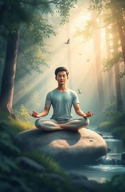 A serene scene depicting a person meditating in a tranquil forest setting, surrounded by lush greenery and soft sunlight filtering through the trees