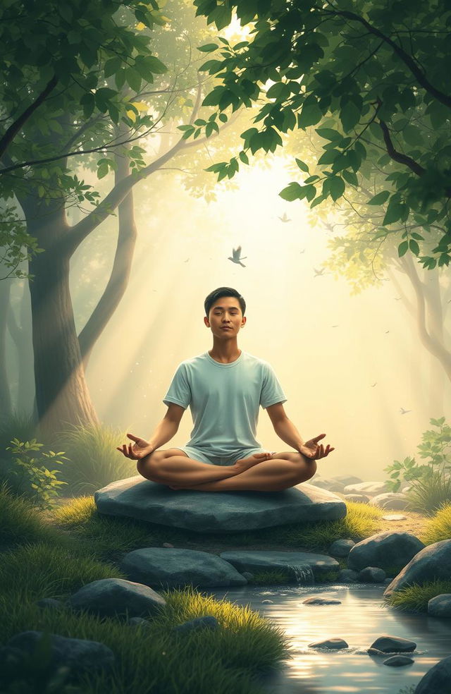 A serene scene depicting a person meditating in a tranquil forest setting, surrounded by lush greenery and soft sunlight filtering through the trees