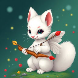 A hyper-realistic white ermine styled as a cupid, delicately posed with a bow and arrows, surrounded by a pixel art background that adds a whimsical and playful touch to the composition