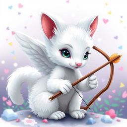 A hyper-realistic white ermine styled as a cupid, delicately posed with a bow and arrows, surrounded by a pixel art background that adds a whimsical and playful touch to the composition