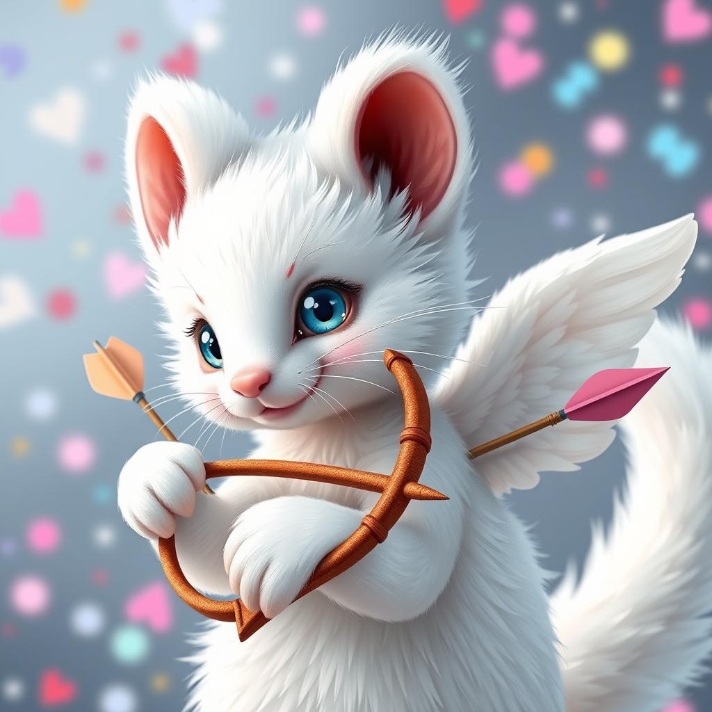 A hyper-realistic white ermine styled as a cupid, delicately posed with a bow and arrows, surrounded by a pixel art background that adds a whimsical and playful touch to the composition