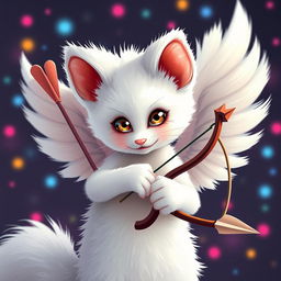 A hyper-realistic white ermine styled as a cupid, delicately posed with a bow and arrows, surrounded by a pixel art background that adds a whimsical and playful touch to the composition