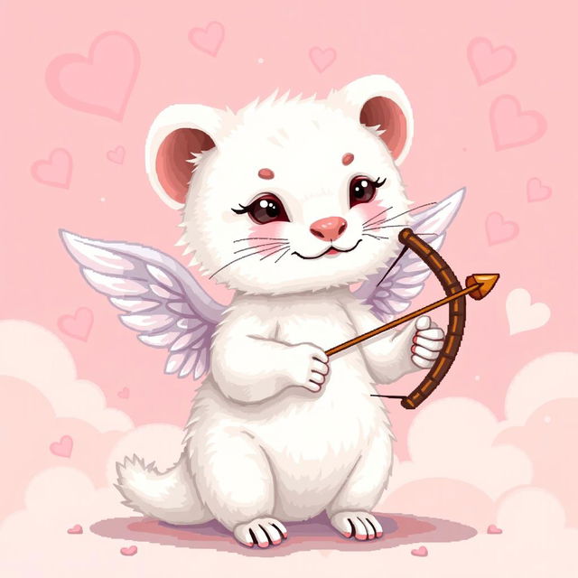 A detailed pixel art illustration of a white stoat, styled as a Cupid figure