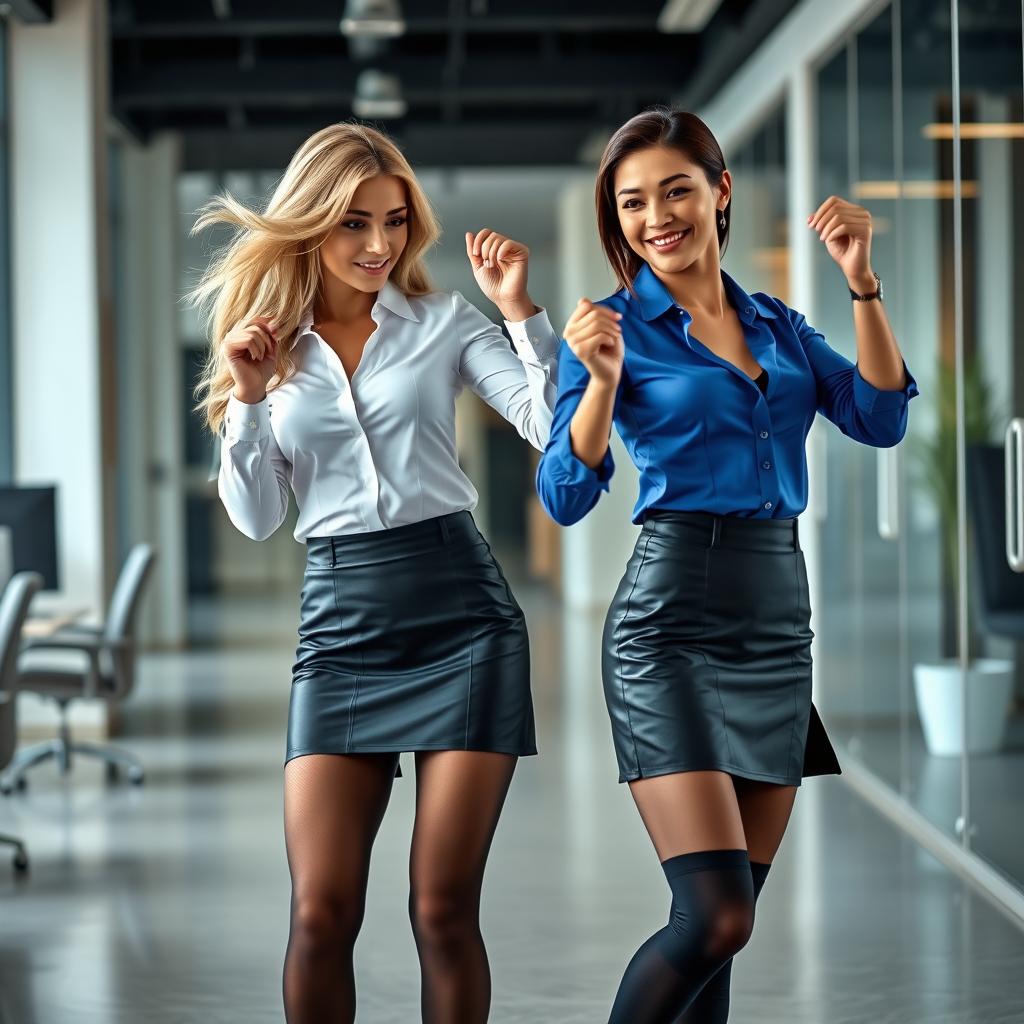 A portrait of two gorgeous, sexy professional women, featuring a Dutch blonde and an Asian brunette