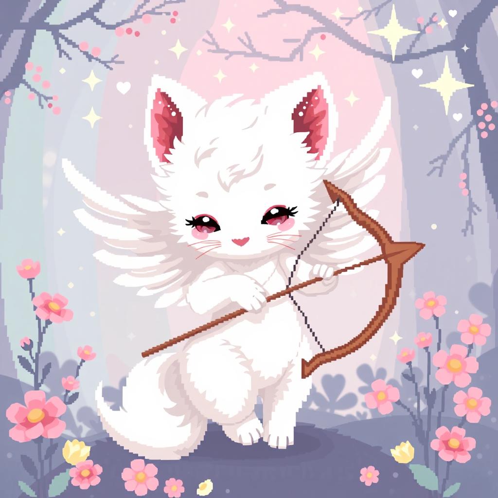 Detailed pixel art of a white ermine cupid, featuring whimsical and charming elements