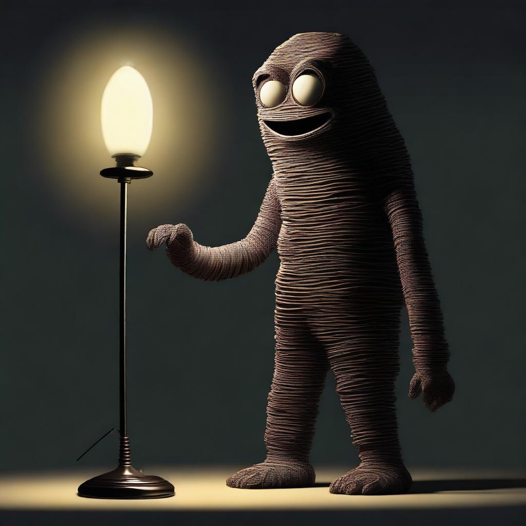 A digital rendering of the Lamp Monster, a towering figure with a lamp for a head, set against a dark background.