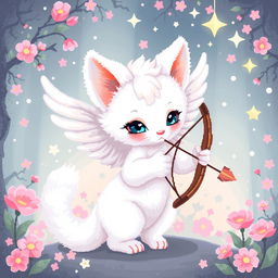 Detailed pixel art of a white ermine cupid, featuring whimsical and charming elements