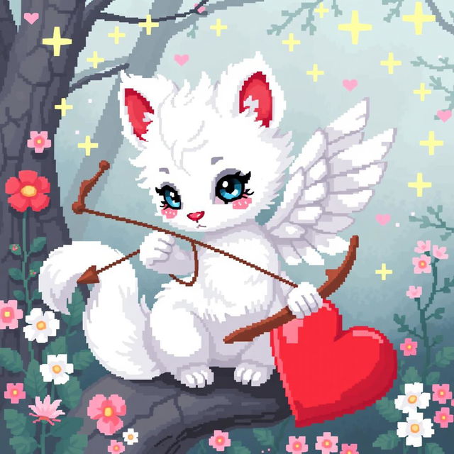 Detailed pixel art of a white ermine cupid, featuring whimsical and charming elements