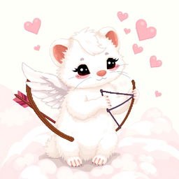 A detailed pixel art illustration of a white stoat (ermine) depicted as a Cupid, complete with a bow and arrows