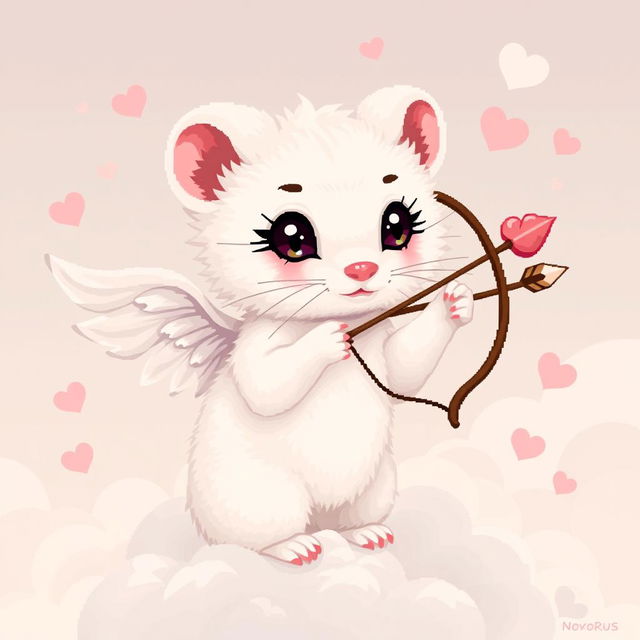 A detailed pixel art illustration of a white stoat (ermine) depicted as a Cupid, complete with a bow and arrows