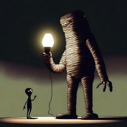 A digital rendering of the Lamp Monster, a towering figure with a lamp for a head, set against a dark background.