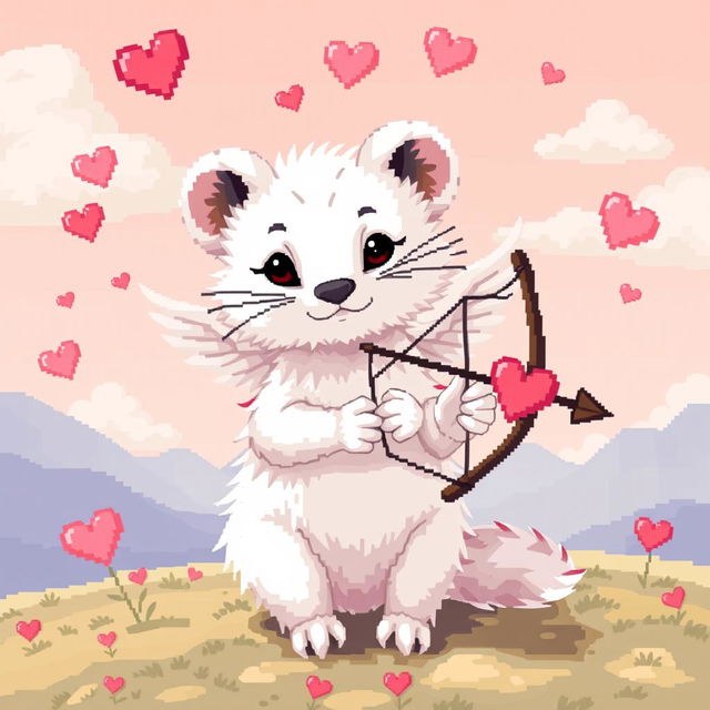 Highly detailed pixel art of a white stoat representing Cupid, with intricate 8-bit style graphics