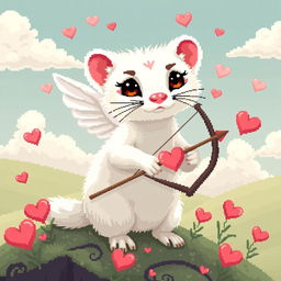 Highly detailed pixel art of a white stoat representing Cupid, with intricate 8-bit style graphics