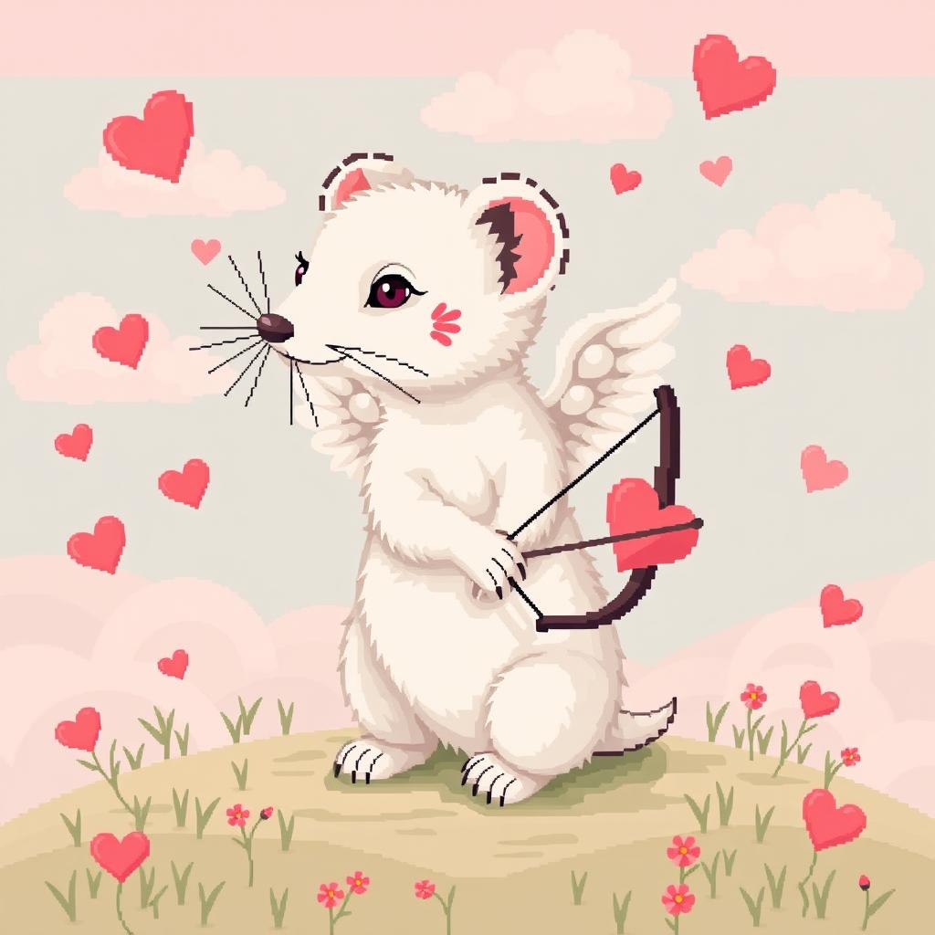 Highly detailed pixel art of a white stoat representing Cupid, with intricate 8-bit style graphics