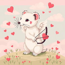 Highly detailed pixel art of a white stoat representing Cupid, with intricate 8-bit style graphics