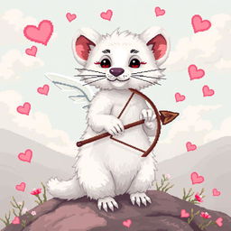 Highly detailed pixel art of a white stoat representing Cupid, with intricate 8-bit style graphics