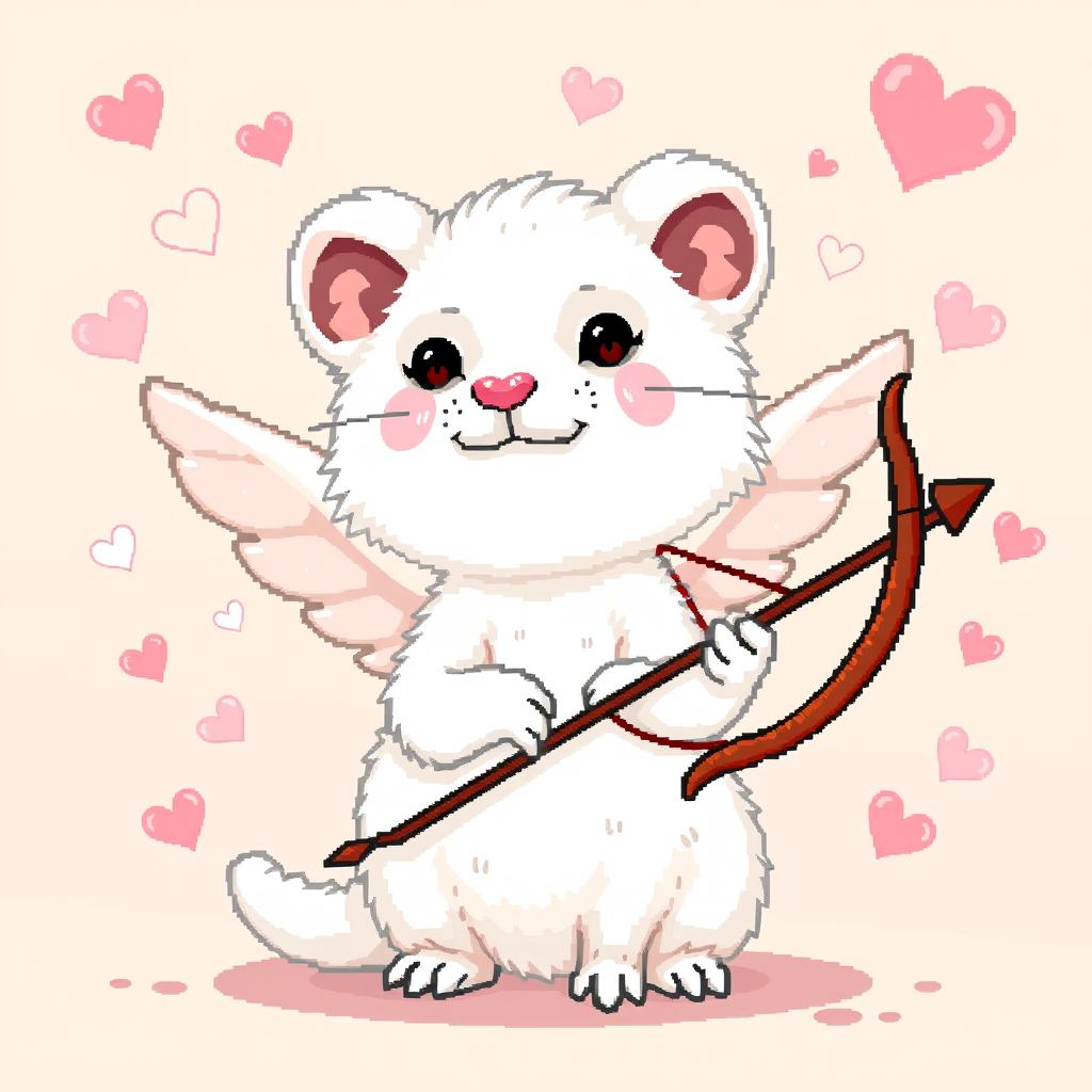 A detailed pixel art depiction of a white stoat (ermine) styled as Cupid, featuring characteristic elements like a bow and arrow, in a vibrant and playful 8-bit style