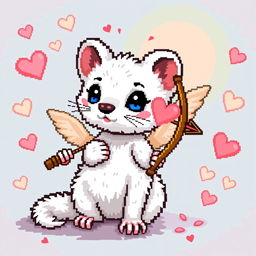 A detailed pixel art depiction of a white stoat (ermine) styled as Cupid, featuring characteristic elements like a bow and arrow, in a vibrant and playful 8-bit style