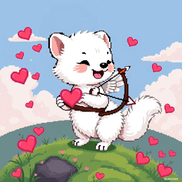 A detailed pixel art representation of a white weasel (ermine) Cupid, featuring classic 8-bit style