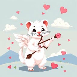 A detailed pixel art representation of a white weasel (ermine) Cupid, featuring classic 8-bit style