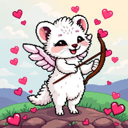 A detailed pixel art representation of a white weasel (ermine) Cupid, featuring classic 8-bit style