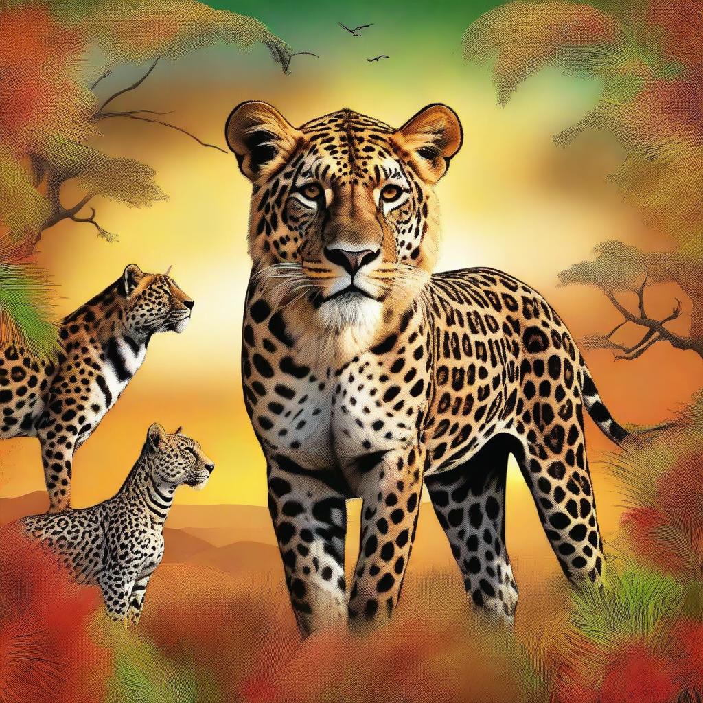 This digital art piece features a creature that combines elements of a lion, tiger, jaguar, cheetah, and giraffe